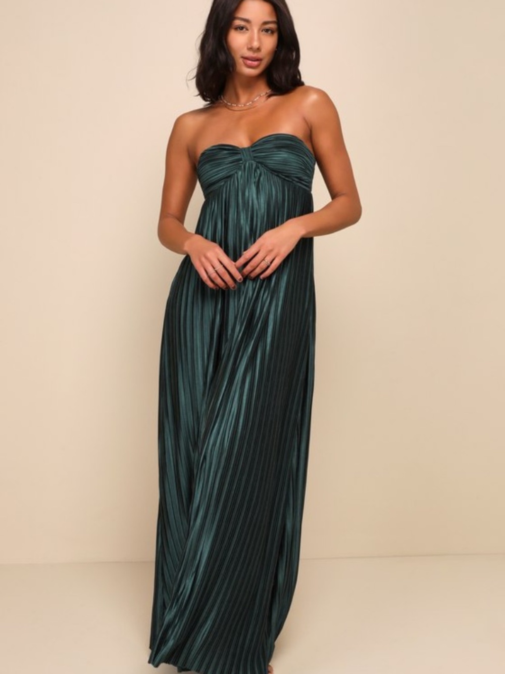Lulus Whimsical Beauty Emerald Green Satin Plisse Strapless Maxi Dress